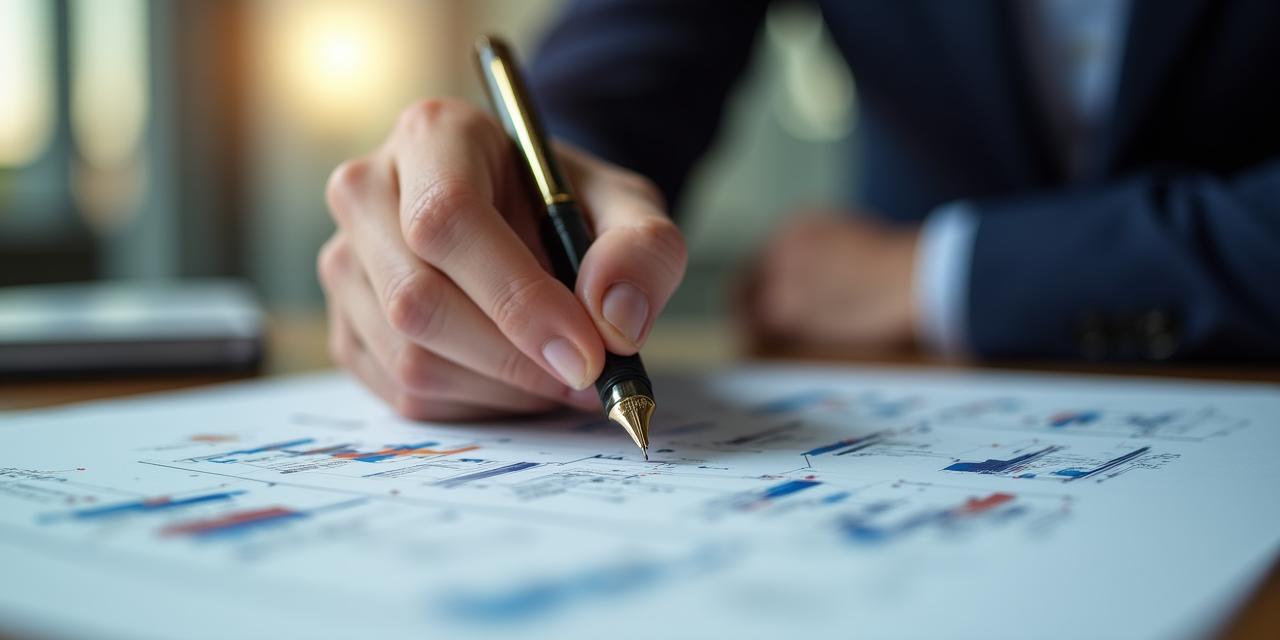 Mano escribiendo caligrafía elegante sobre documentos de estrategia empresarial